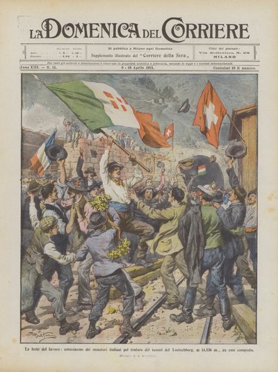 Les fêtes du travail, enthousiasme des mineurs italiens pour le percement du tunnel du Loetschberg ? - Achille Beltrame