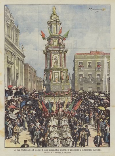 Les fêtes traditionnelles du peuple, le char monumental conduit en procession à Casteltermini (Girgenti) - Achille Beltrame