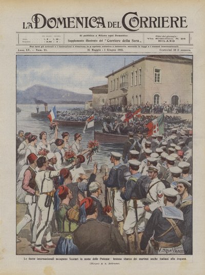 Les flottes internationales occupent Scutari au nom des puissances, débarquement festif des marins - Achille Beltrame