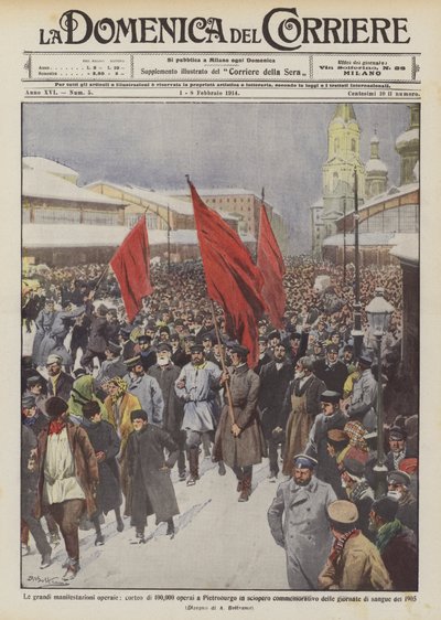 Les grandes manifestations ouvrières, cortège de 100 000 ouvriers en grève commémorative à Saint-Pétersbourg - Achille Beltrame