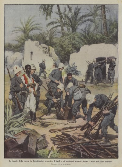 Les pièges de la guerre en Tripolitaine, saisie de fusils et de munitions découverts dans un puits - Achille Beltrame
