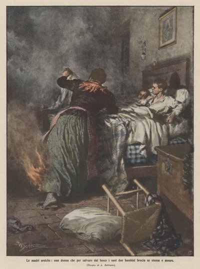 Les mères héroïques, une femme qui se brûle et meurt pour sauver ses deux enfants du feu - Achille Beltrame