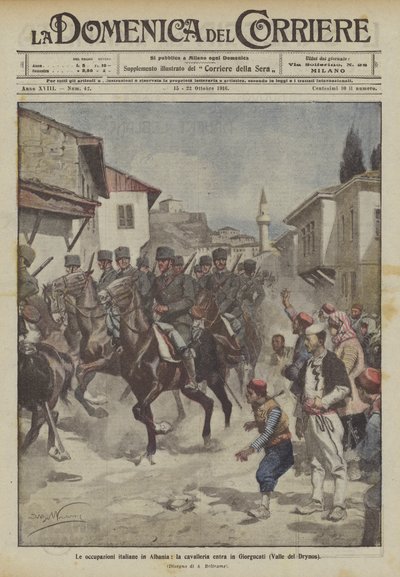 Les occupations italiennes en Albanie, la cavalerie entre à Giorgucati (Vallée du Drynos) - Achille Beltrame