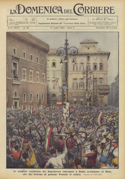 Les relais cyclistes du Dopolavoro réunis à Rome acclament le Duce, qui du balcon - Achille Beltrame