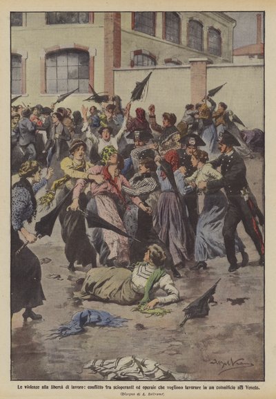 Les violences contre la liberté de travail, conflit entre grévistes et ouvrières voulant travailler - Achille Beltrame