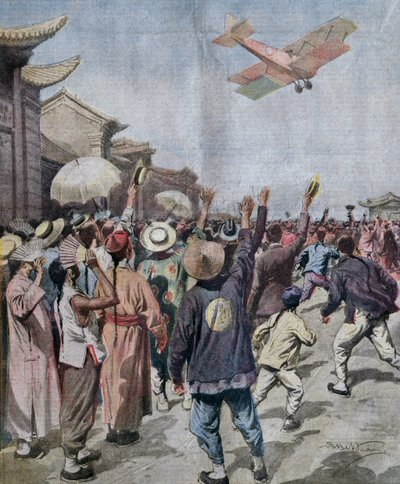 Lieutenant Arturo Ferrarin, participant au raid Rome-Tokyo, arrivant apparaissant dans le ciel de Shanghai, illustration par Achille Beltrame de La Domenica del Corriere, 16 mai - Achille Beltrame