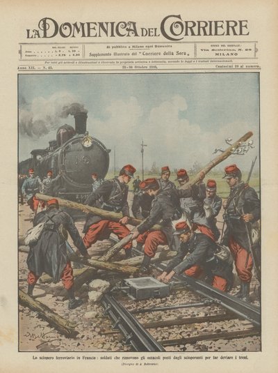 La grève ferroviaire en France, soldats enlevant les obstacles posés par les grévistes pour ? - Achille Beltrame