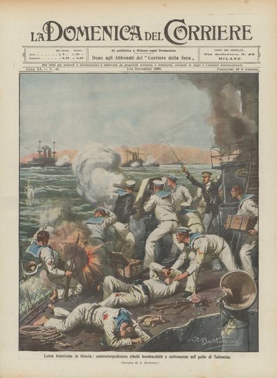 Lutte fratricide en Grèce, contre-torpilleurs rebelles bombardés et soumis dans le golfe de Salamine - Achille Beltrame