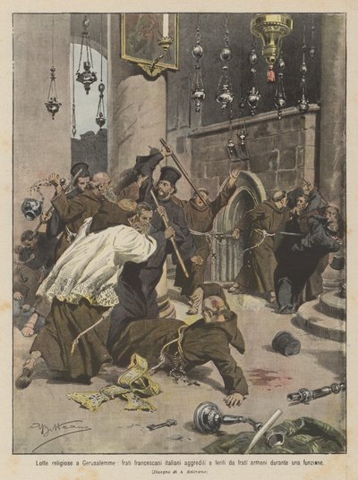 Conflits religieux à Jérusalem, des frères franciscains italiens agressés et blessés par des frères arméniens pendant une cérémonie - Achille Beltrame