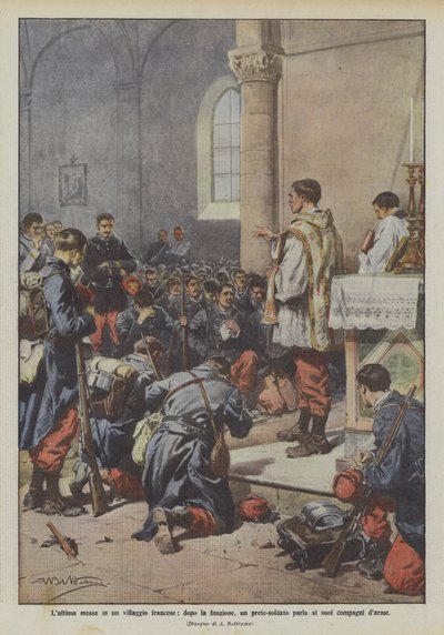 Dernière messe dans un village français, après la cérémonie, un prêtre-soldat parle à ses compagnons d