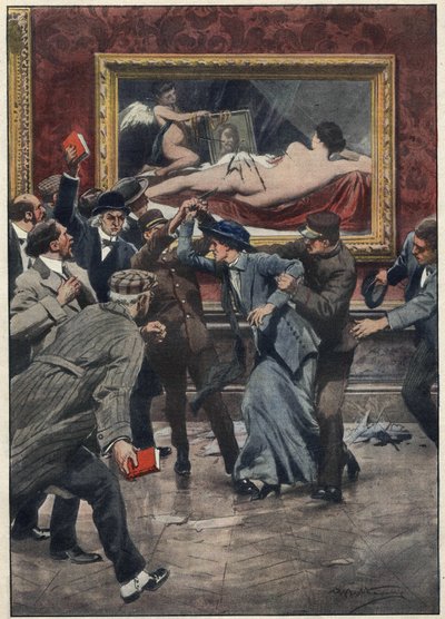 Mary Richardson (1889-1961) activiste suffragette canadienne coupe avec un couteau le tableau « La Vénus de Rokeby » du peintre Diego VELASQUEZ dans une salle de la National Gallery à Londres. Illustration par Achille Beltrame pour « La domenica del corrie - Achille Beltrame