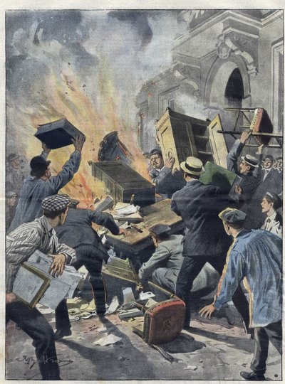 Crise du vin du Midi en 1907 : les vignerons incendient la mairie de Béziers (Hérault). Illustration d