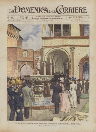 Milan, inauguration des musées artistique et archéologique, les invités dans la cour ducale - Achille Beltrame