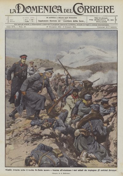 Revanche serbe, le vieux roi Pierre encourage et entraîne ses soldats - Achille Beltrame