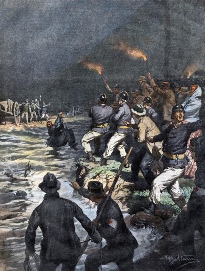 Sauvetage miraculeux de charretiers bloqués sur une île de la rivière Serio près de Bergame - Illustration de Beltrame dans "La Domenica del Corriere" 10/1909 - Achille Beltrame