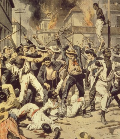 Chasse aux noirs à Springfield, Illinois, Achille Beltrame (1871-1945) de La Domenica del Corriere, août 1908 - Achille Beltrame