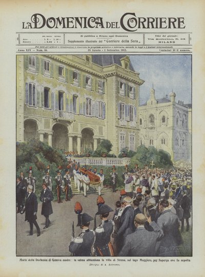 La mort de la Duchesse de Gênes, le corps quitte la villa de Stresa, sur le lac Majeur - Achille Beltrame