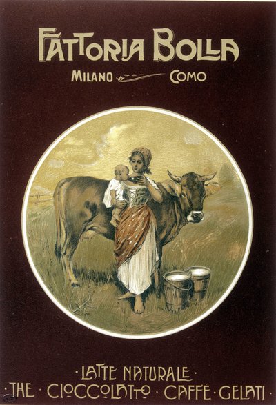 Mère donnant du lait de vache à son bébé - affiche publicitaire Fattoria Bolla - Achille Beltrame