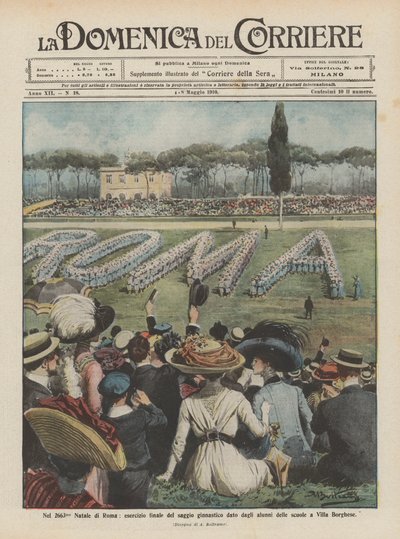 Au 2663ᵉ Noël de Rome, exercice final de la démonstration de gymnastique donnée par les élèves des écoles à la Villa Borghese - Achille Beltrame
