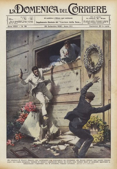 Au cimetière de Portici (Naples), deux carabiniers, pour surprendre un maître chanteur qui devait - Achille Beltrame