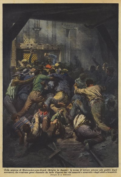 Dans la mine de Waterschei-sous-Genk (Belgique) en flammes, la scène de terreur autour des cages - Achille Beltrame