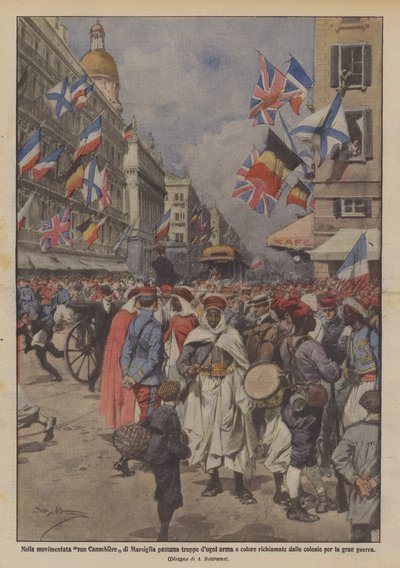 Dans la rue animée Cannebière de Marseille, troupes de toutes armes et couleurs rappelées - Achille Beltrame