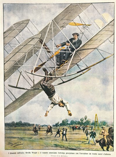 Orville Wright et le lieutenant Seliridge plongeant avec un biplan de trente mètres, États-Unis d