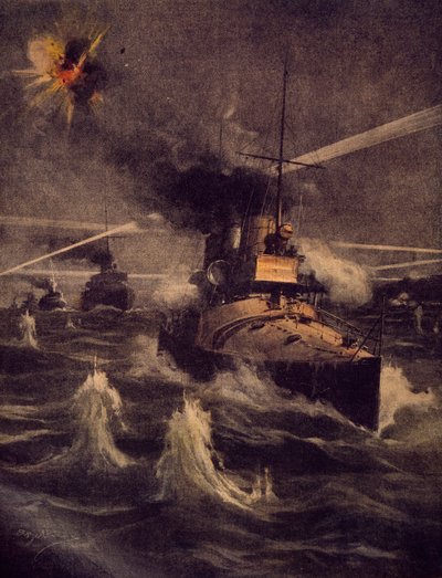 Nos torpilleurs faisant une incursion audacieuse dans les Dardanelles sous le feu ennemi - Achille Beltrame
