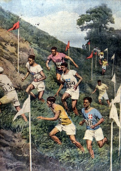 Jeux Olympiques de Paris : course avec obstacles naturels : cross-country. Ill. de Beltrame. La Domenica del Corriere - Achille Beltrame