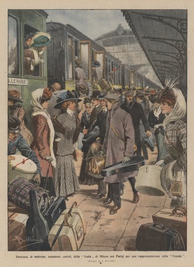 Départ des ballerines, musiciens, choristes de la Scala de Milan pour Paris pour une représentation de La Vestale - Achille Beltrame