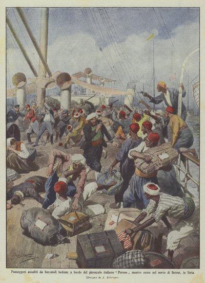 Passagers attaqués par des bateliers bédouins à bord du vapeur italien Perseo en entrant dans le port - Achille Beltrame