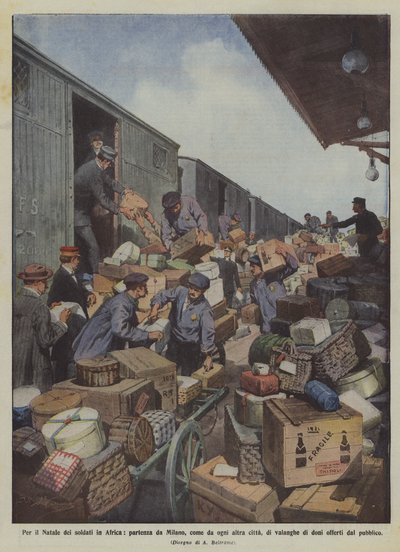 Pour Noël des soldats en Afrique, départ de Milan, comme de chaque autre ville, de vagues de cadeaux - Achille Beltrame