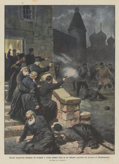 Petite bataille sanglante entre brigands et vieux moines russes dans un monastère isolé - Achille Beltrame