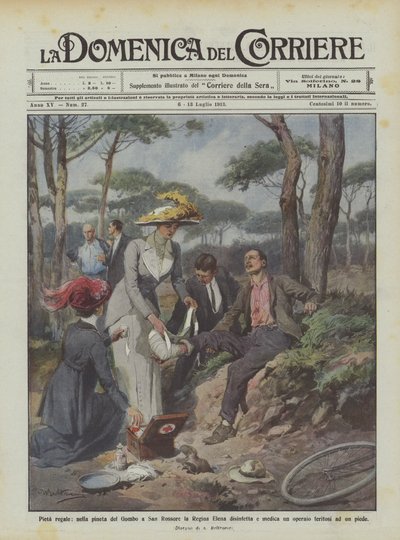 Pitié royale, la reine Elena désinfecte et soigne un ouvrier dans la pinède de Gombo à San Rossore - Achille Beltrame