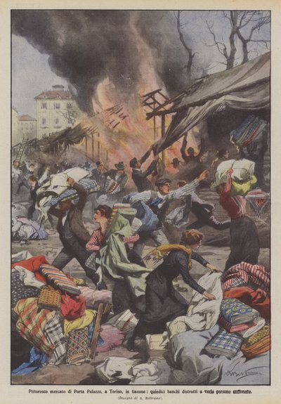 Pittoresque marché de Porta Palazzo à Turin en flammes, quinze étals détruits et plusieurs personnes asphyxiées - Achille Beltrame