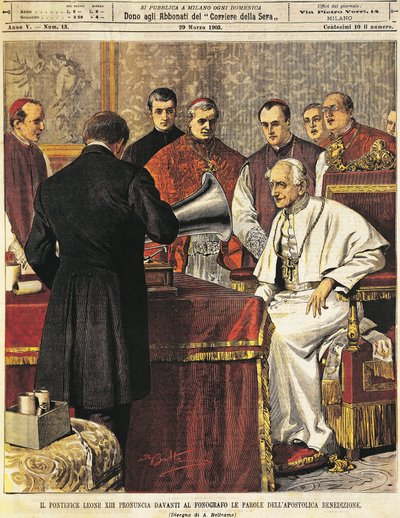 Le pape Léon XIII lisant la bénédiction dans un gramophone, par Achille Beltrame, de La Domenica del Corriere, 29 mars 1903 - Achille Beltrame