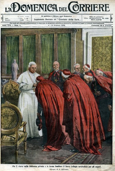 Le Pape Pie X reçoit les cardinaux dans sa bibliothèque pour les vœux du Nouvel An. Couverture de la Domenica del Corriere du 4 janvier - Achille Beltrame
