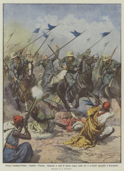 Près de Fonduk-el-Tokar, les lanciers de Florence achèvent à coups de lance cinq Arabes qui les avaient - Achille Beltrame