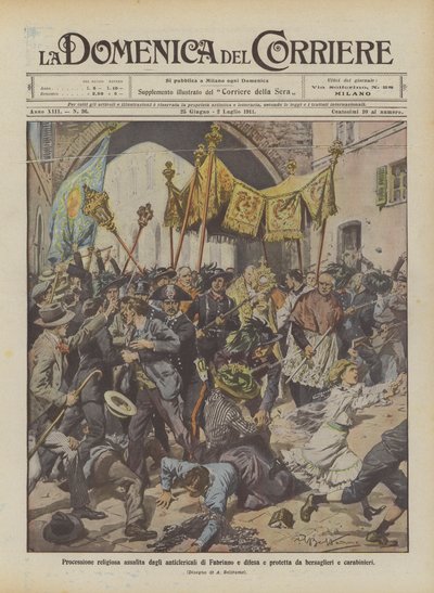 Procession religieuse attaquée par les anticléricaux de Fabriano et défendue et protégée par les bersagliers et les carabiniers - Achille Beltrame