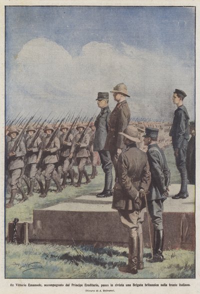 Le roi Victor-Emmanuel, accompagné du prince héritier, passe en revue une brigade - Achille Beltrame
