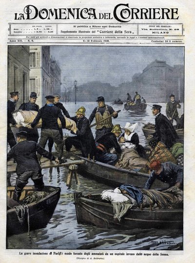 Sauvetage des malades à Paris lors des inondations de février 1910. Couverture de la "Domenica del Corriere". Illustration du 13 février 1910 par Achille Beltrame - Achille Beltrame