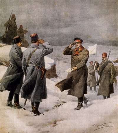 Reprise de la guerre, parlementaire turc arrivant dans le camp bulgare portant un message annonçant la fin de l