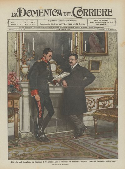 Réveil du libéralisme en Espagne, le roi Alphonse XIII en conversation avec le ministre Canalejas - Achille Beltrame