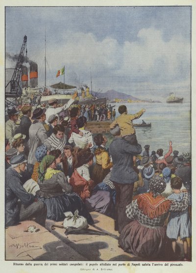 Retour de la guerre des premiers soldats démobilisés, la foule au port de Naples salue - Achille Beltrame