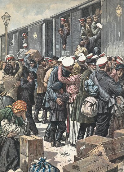 Russie. Départ des réservistes. Illustré par Antonio Beltrame. La Domenica del Corriere. 9 octobre - Achille Beltrame