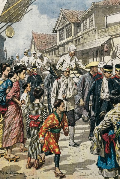 Guerre russo-japonaise (1904-1905). Arrivée à Tokyo des premiers blessés de la bataille de Ya-Lu (février 1904). Illustration par Achille Beltrame pour « La Domenica del Corriere ». Gravure. - Achille Beltrame
