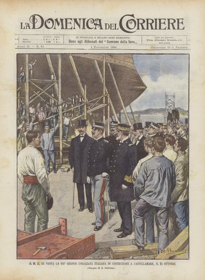 S.M. le Roi visite le plus grand cuirassé italien en construction à Castellamare, le 23 octobre - Achille Beltrame
