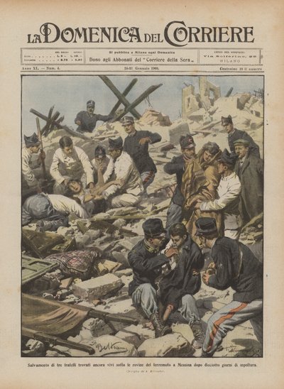 Sauvetage de trois frères retrouvés encore vivants sous les ruines du tremblement de terre à Messine - Achille Beltrame
