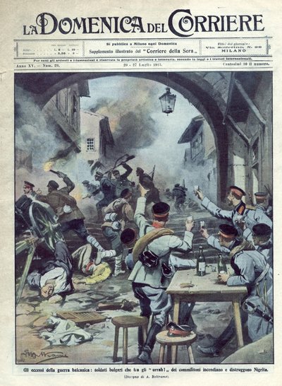 Deuxième guerre balkanique (1913) entre la Bulgarie et la Grèce et la Turquie : les soldats bulgares incendient et détruisent Nigrita en Grèce. La Domenica del Corriere. 07/1913. Illustration de Beltrame. - Achille Beltrame
