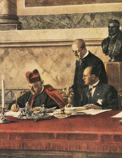 Signature du traité de Latran entre le cardinal P. Gasparri et B. Mussolini - Achille Beltrame